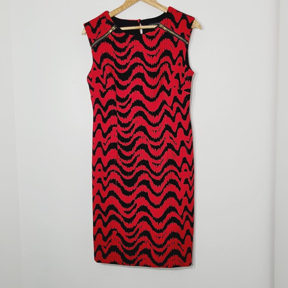 Madison Leigh Sheath Dress Red Black Wave Pattern Sleeveless Keyhole Zip Size 6